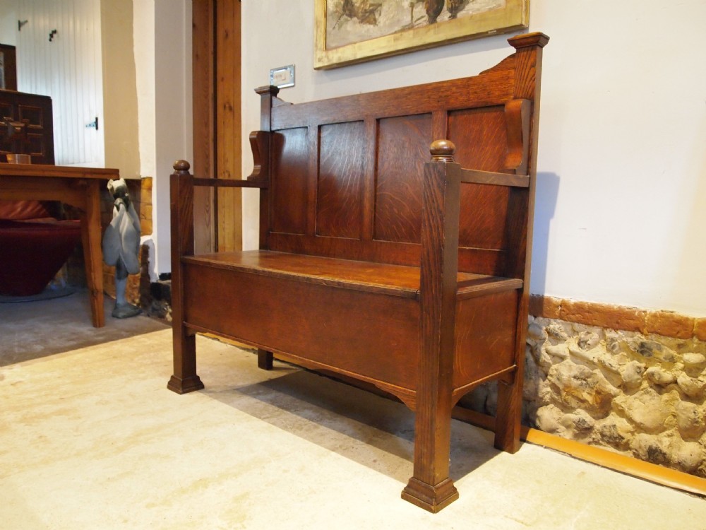Bench settle rare Arts and Crafts Oak hall box c1900 View XI
