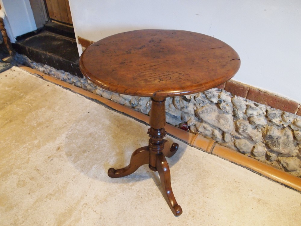Table rare Burr Elm tilt top wine hall lamp c1850
