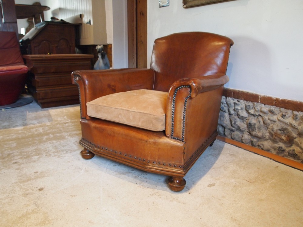 Chair outstanding Tan leather club Edwardian armchair c1910 View III
