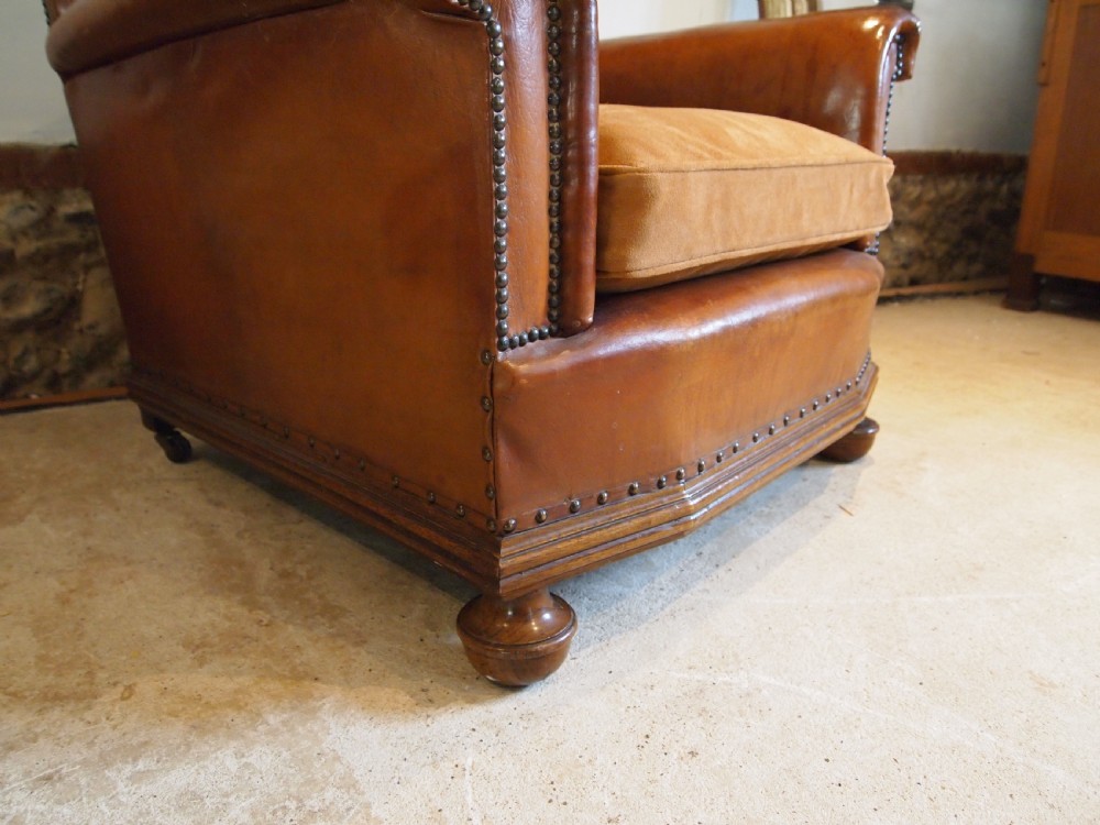 Chair outstanding Tan leather club Edwardian armchair c1910 View IV