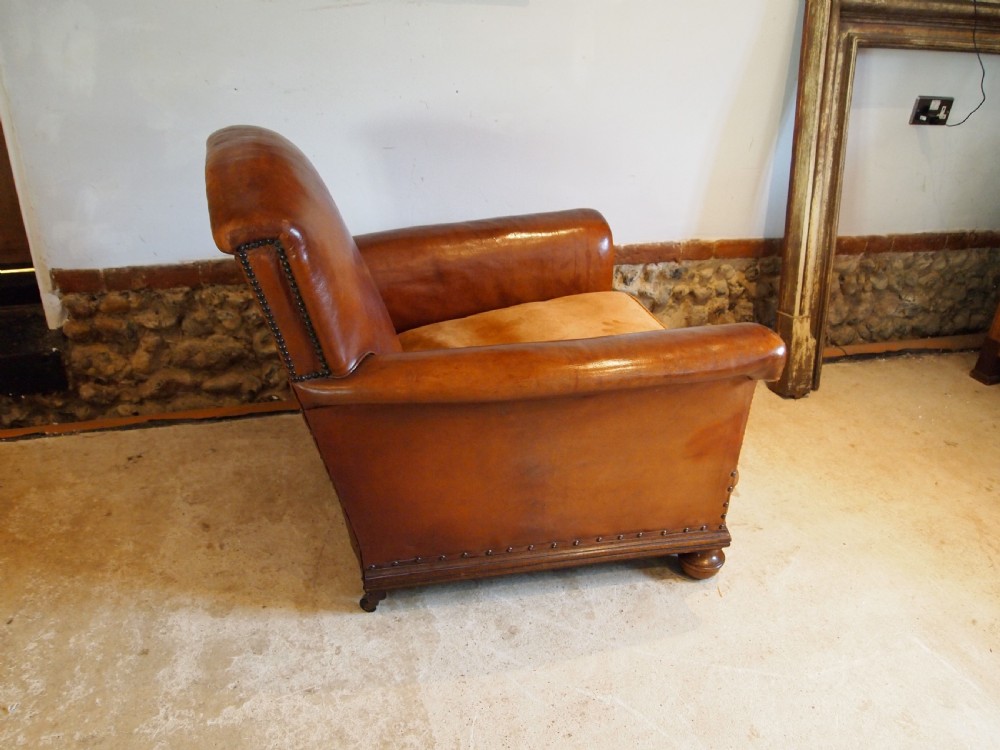 Chair outstanding Tan leather club Edwardian armchair c1910 View VII