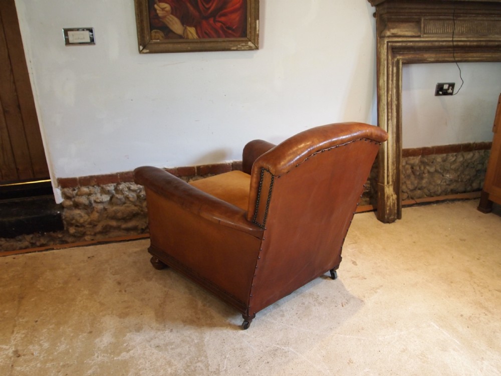Chair outstanding Tan leather club Edwardian armchair c1910 View IX