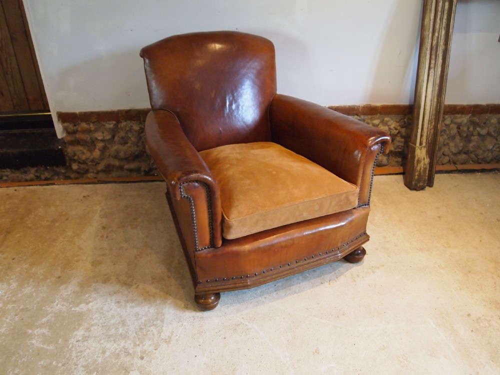 Chair outstanding Tan leather club Edwardian armchair c1910 View X