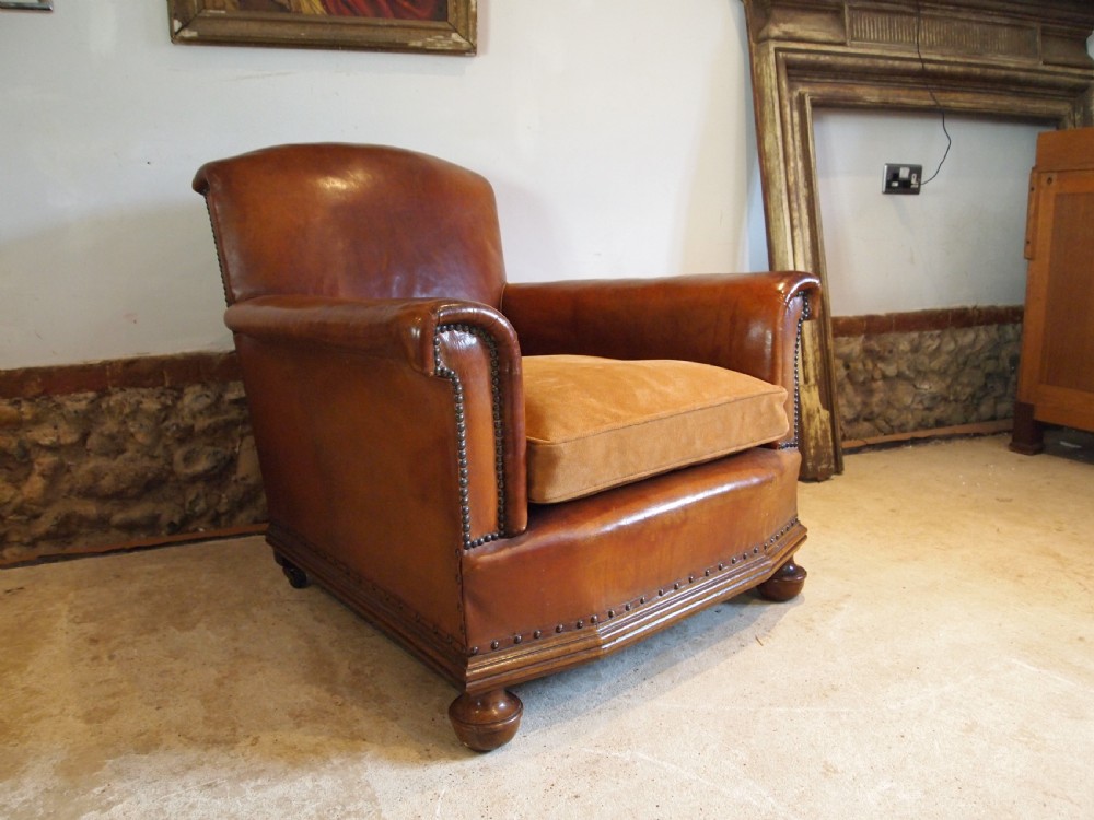 Chair outstanding Tan leather club Edwardian armchair c1910 View XI