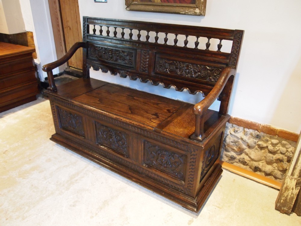 Bench settle pew Victorian Carved Oak box seat c1890