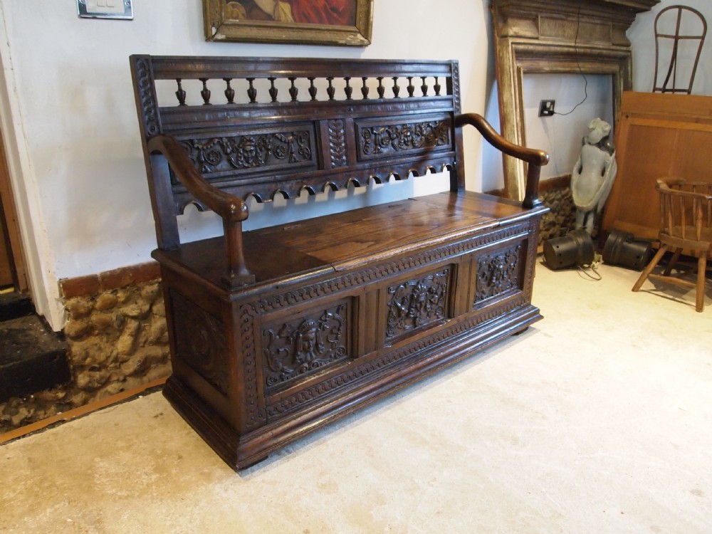 Bench settle pew Victorian Carved Oak box seat c1890 View II