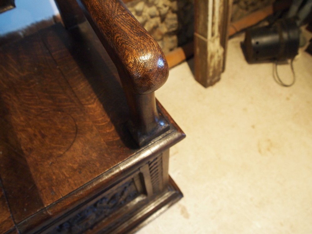 Bench settle pew Victorian Carved Oak box seat c1890 View IV