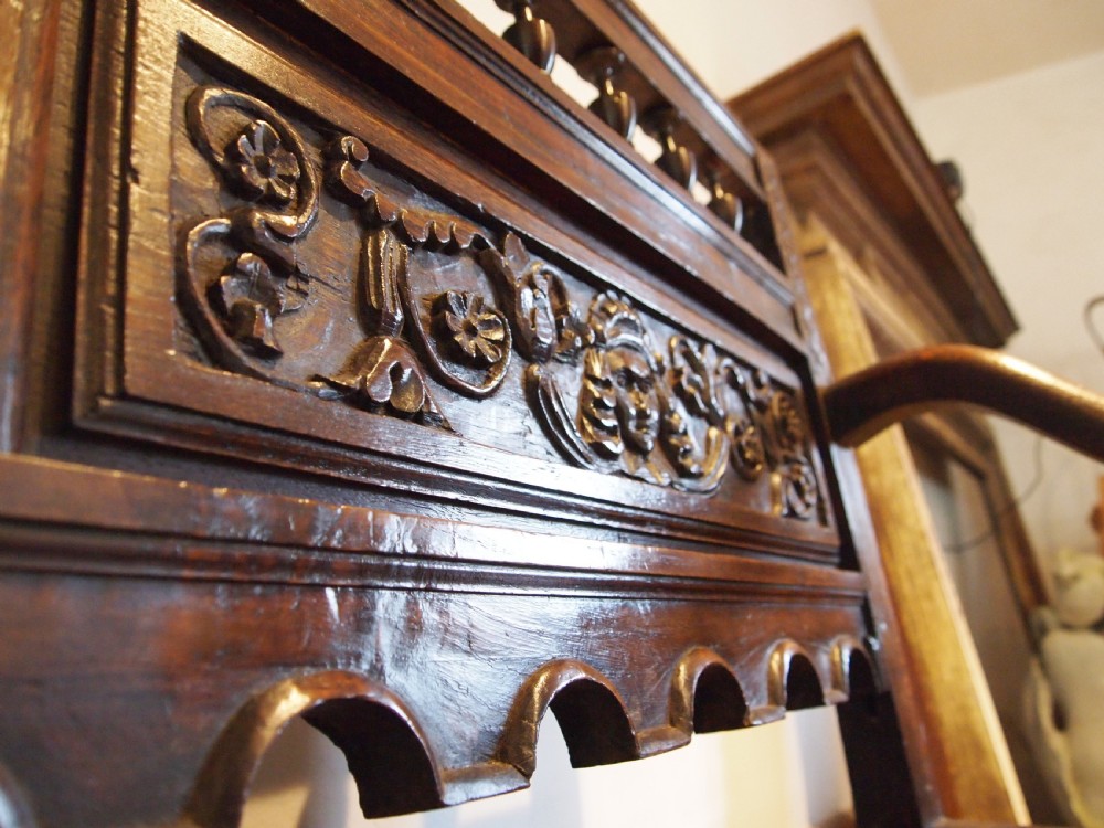 Bench settle pew Victorian Carved Oak box seat c1890 View V