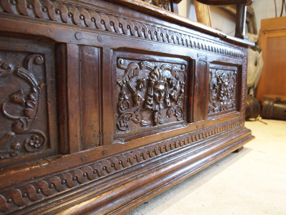 Bench settle pew Victorian Carved Oak box seat c1890 View VI