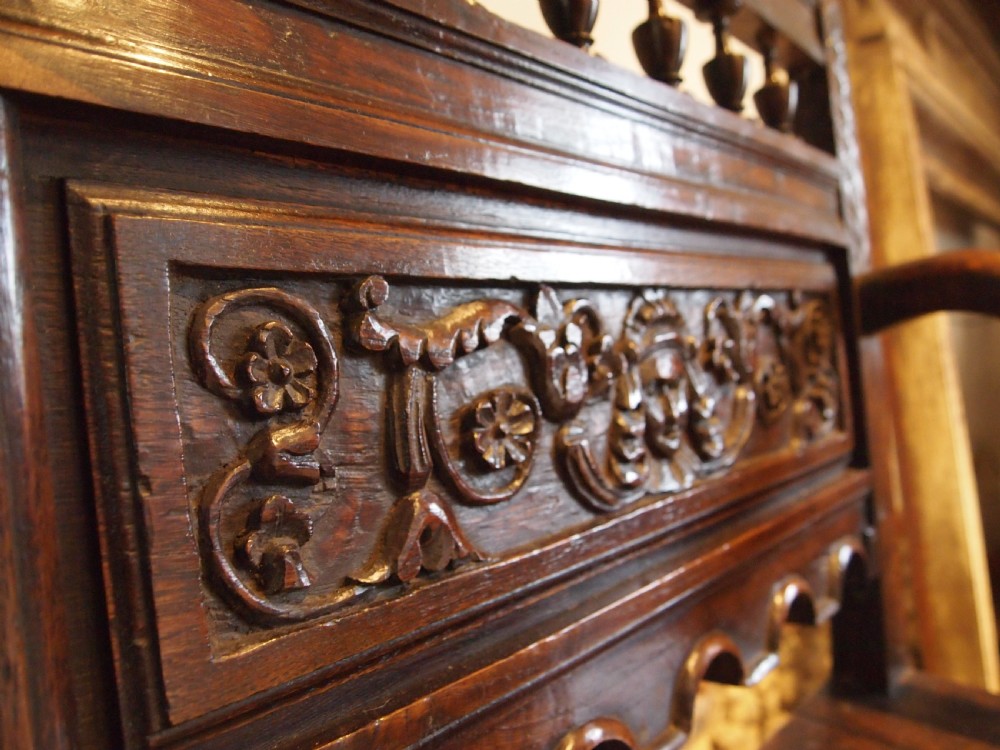 Bench settle pew Victorian Carved Oak box seat c1890 View VIII