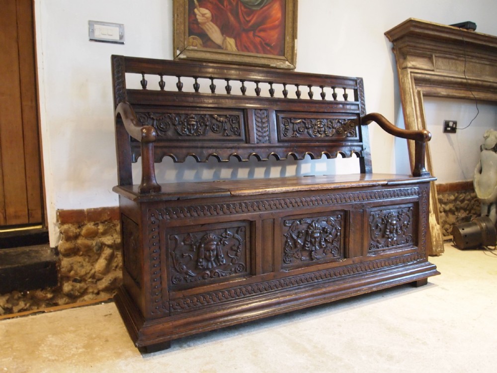 Bench settle pew Victorian Carved Oak box seat c1890 View IX