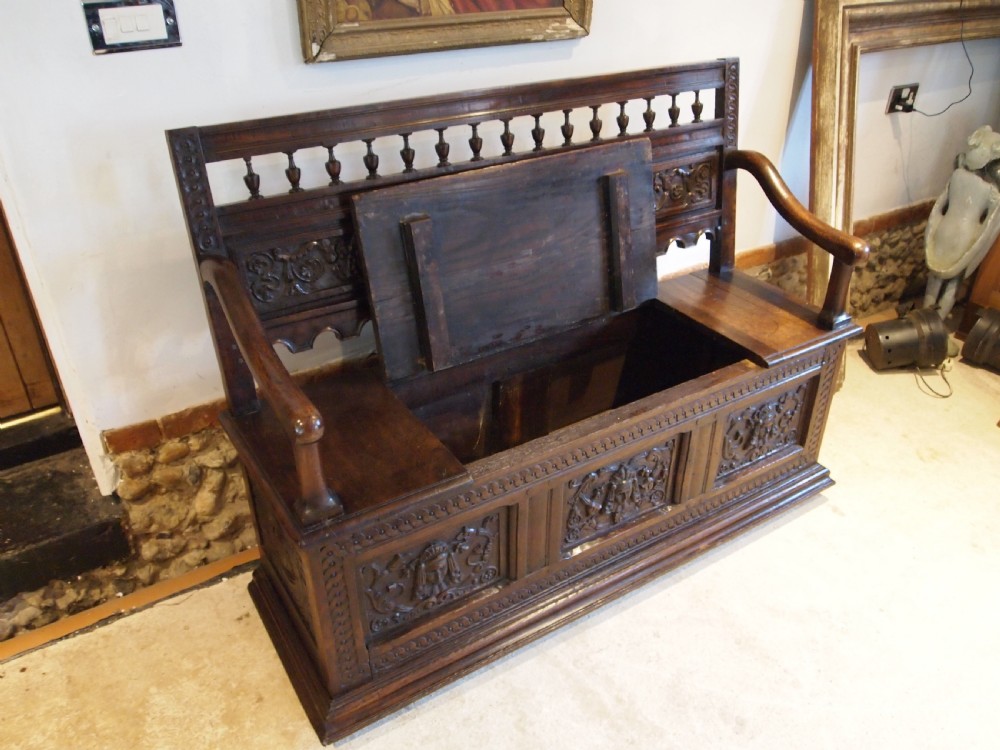 Bench settle pew Victorian Carved Oak box seat c1890 View XI