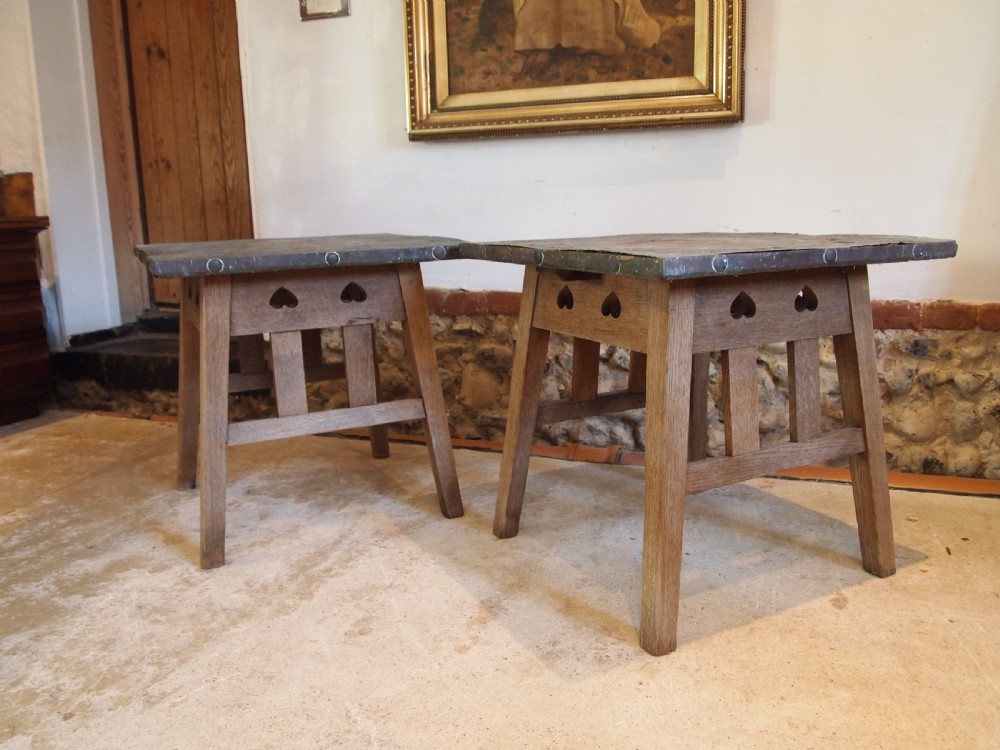 Tables rare pair of Arts and Crafts Oak Copper weathered c1900