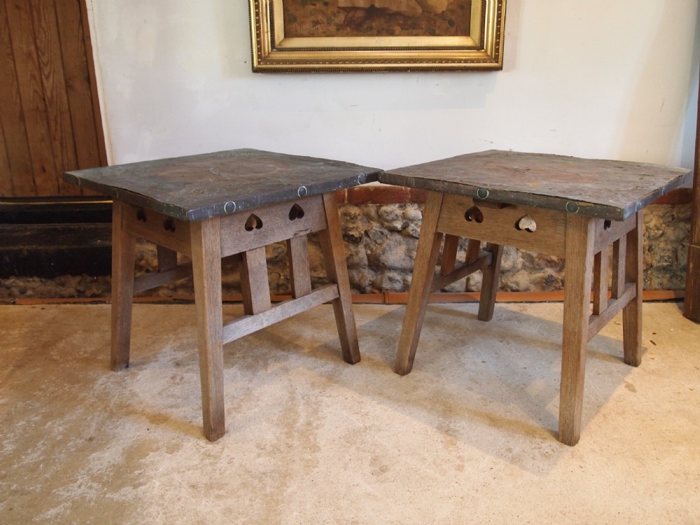 Tables rare pair of Arts and Crafts Oak Copper weathered c1900 View II