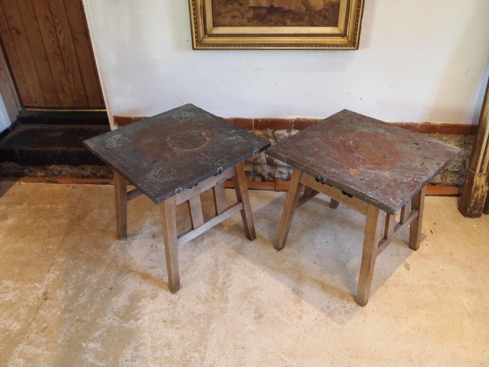 Tables rare pair of Arts and Crafts Oak Copper weathered c1900 View IV