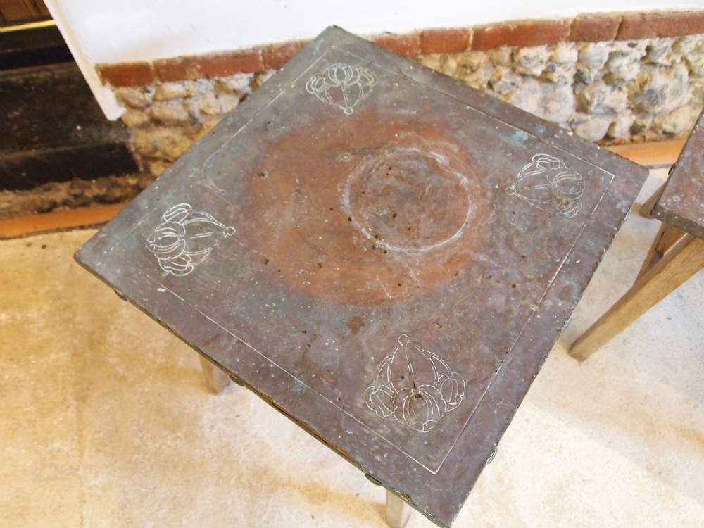 Tables rare pair of Arts and Crafts Oak Copper weathered c1900 View V