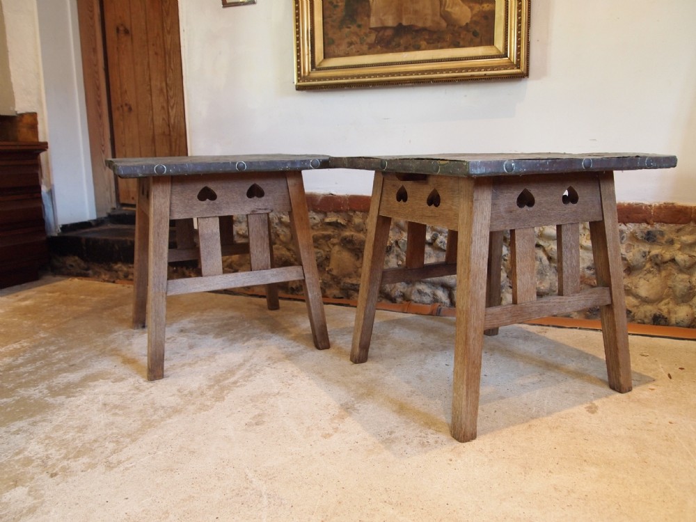 Tables rare pair of Arts and Crafts Oak Copper weathered c1900 View VII