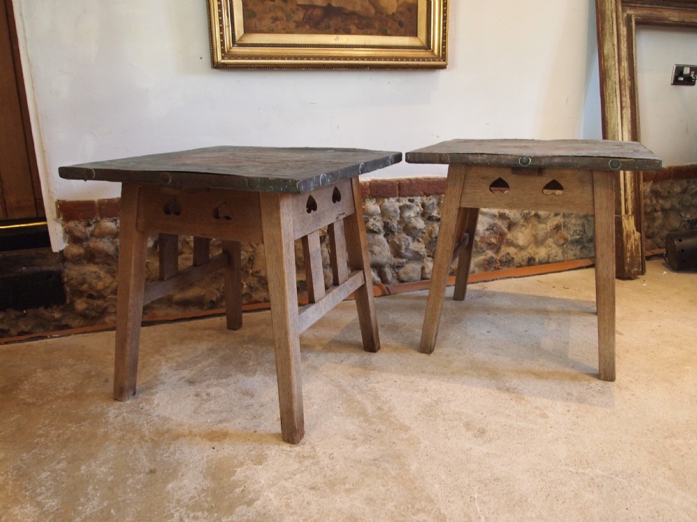 Tables rare pair of Arts and Crafts Oak Copper weathered c1900 View VIII