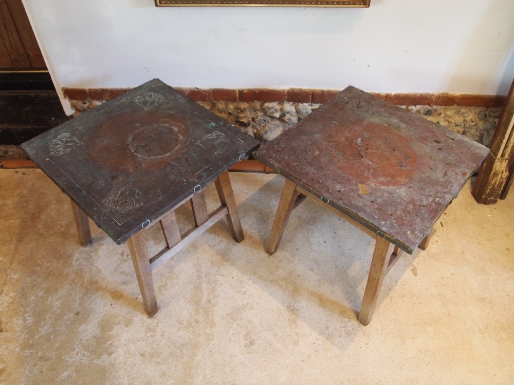 Tables rare pair of Arts and Crafts Oak Copper weathered c1900 View IX