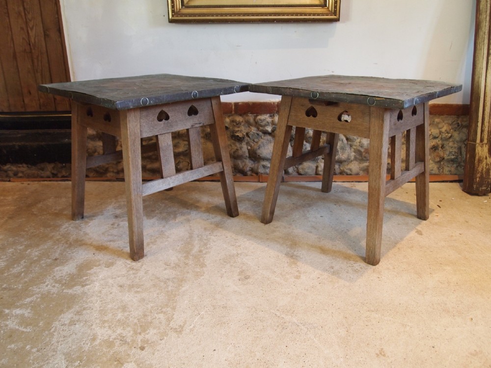 Tables rare pair of Arts and Crafts Oak Copper weathered c1900 View X