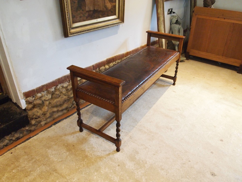 Bench hall window seat Arts & Crafts Oak and Leather c1900
