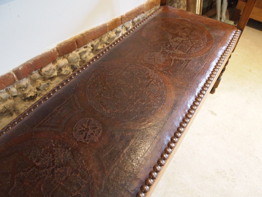 Bench hall window seat Arts & Crafts Oak and Leather c1900 View III