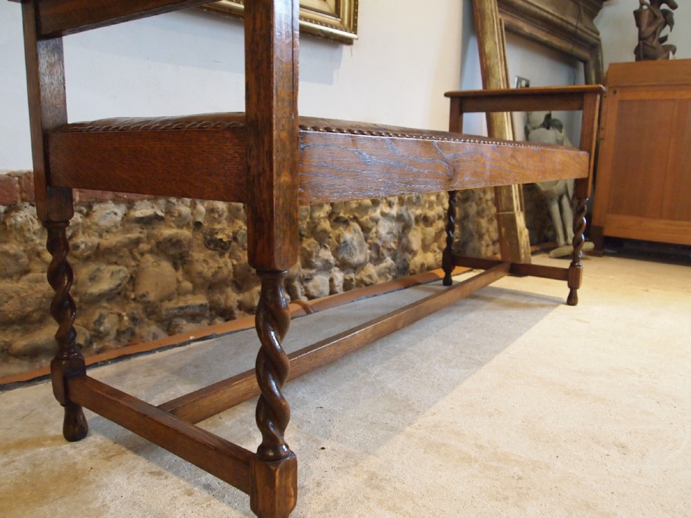 Bench hall window seat Arts & Crafts Oak and Leather c1900 View V