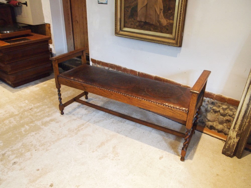 Bench hall window seat Arts & Crafts Oak and Leather c1900 View VI