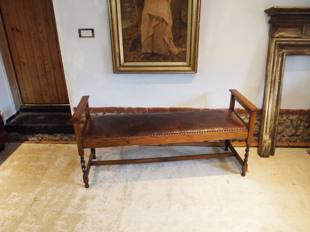 Bench hall window seat Arts & Crafts Oak and Leather c1900 View VIII