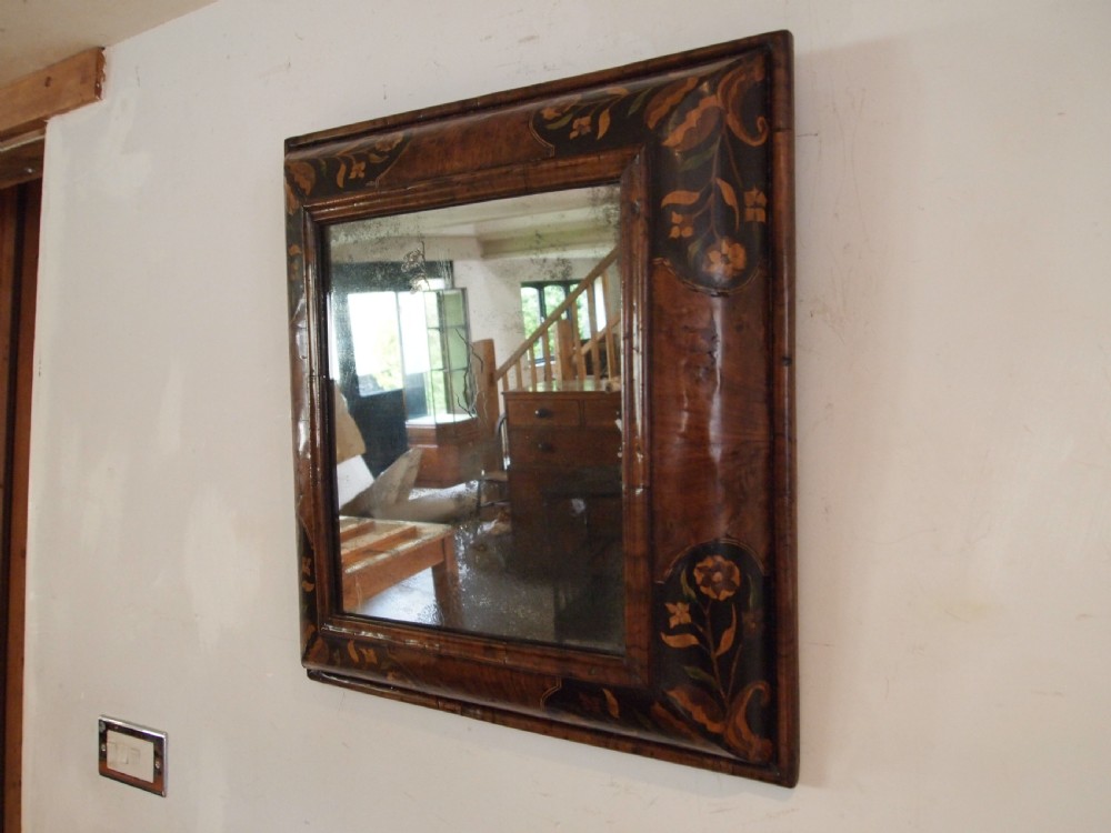 Mirror rare William & Mary Walnut inlaid Cushion original plate c1690 View XI