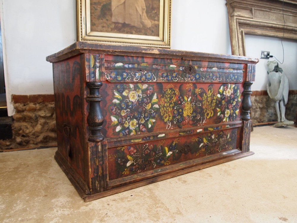 Box chest coffer superb painted Pine Norwegian dated 1912