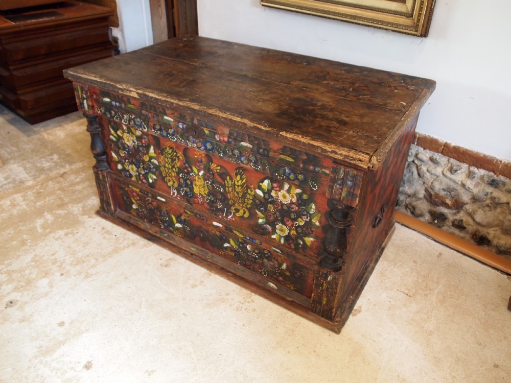 Box chest coffer superb painted Pine Norwegian dated 1912 View III