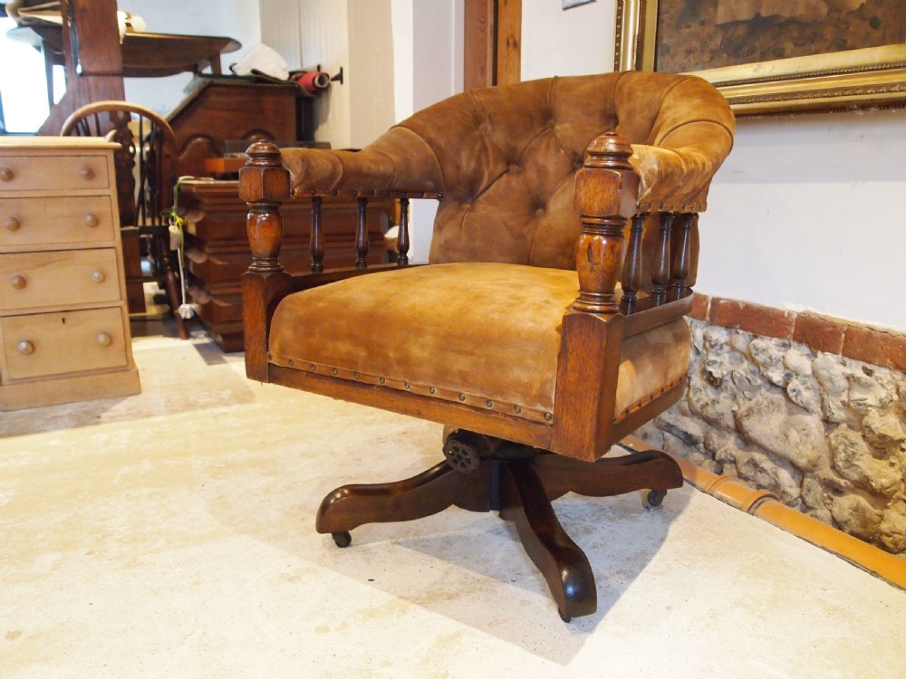Chair desk chair Victorian Oak Suede very comfortable revolving c1880 View IX
