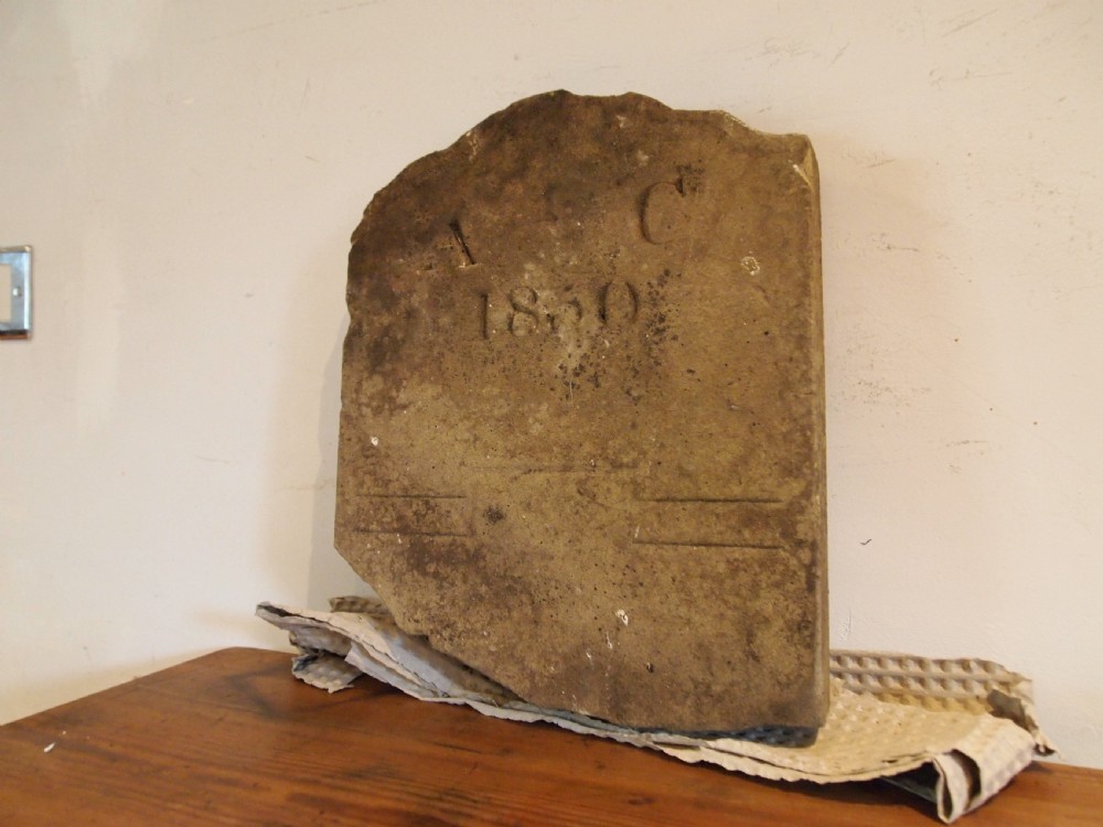 A hand-carved Victorian York stone headstone with chiselled initials A C and date 1860. View III