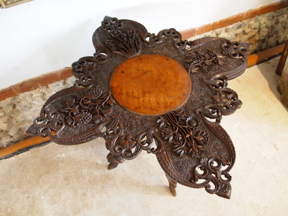 Table fine Burmese carved Padouk side hall lamp c1890 View X