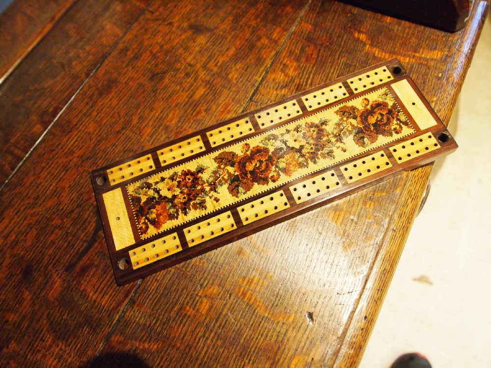 Rare fine Tunbridge ware Cribbage board by Thomas Barton c1870