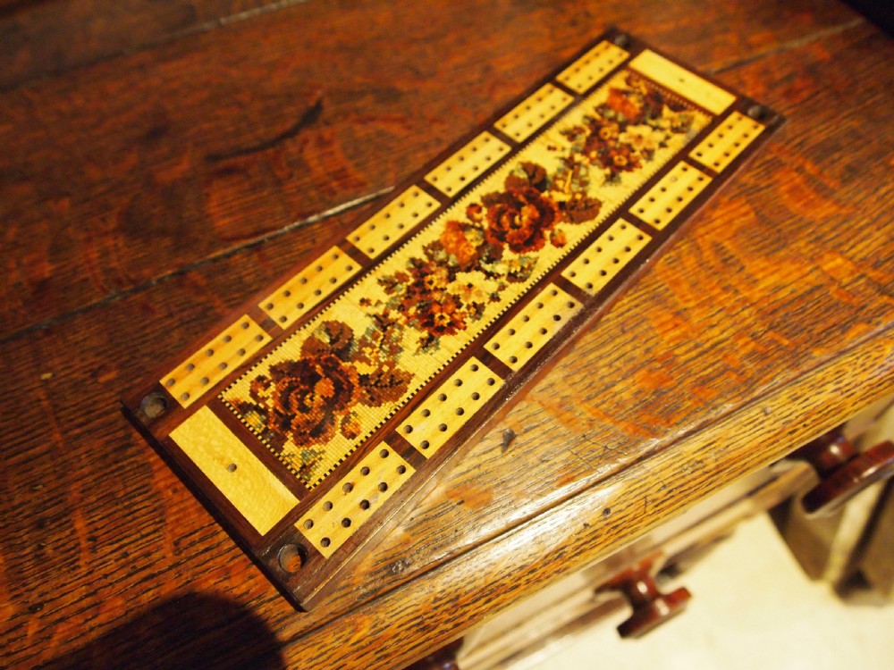Rare fine Tunbridge ware Cribbage board by Thomas Barton c1870 View II