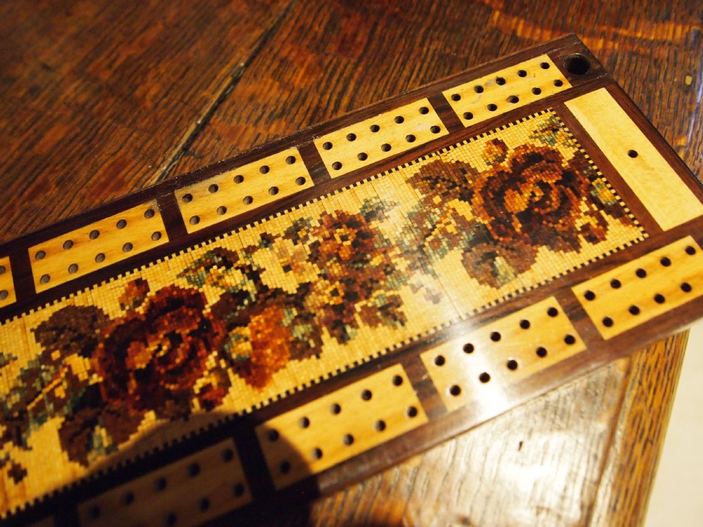 Rare fine Tunbridge ware Cribbage board by Thomas Barton c1870 View V