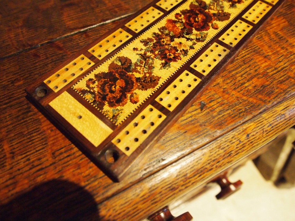 Rare fine Tunbridge ware Cribbage board by Thomas Barton c1870 View VI