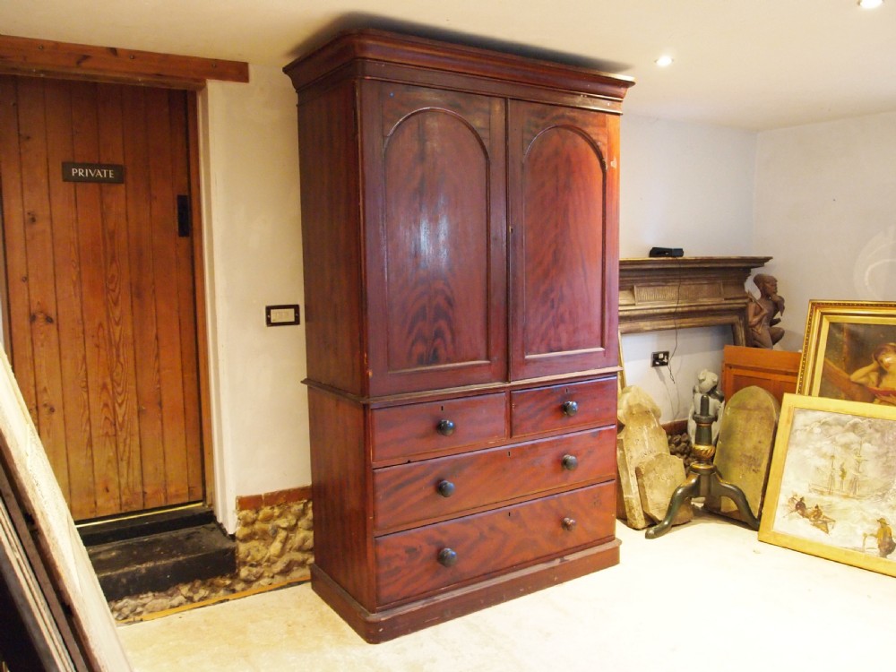 Rare Linen press cupboard on chest in original scumble paint c1840