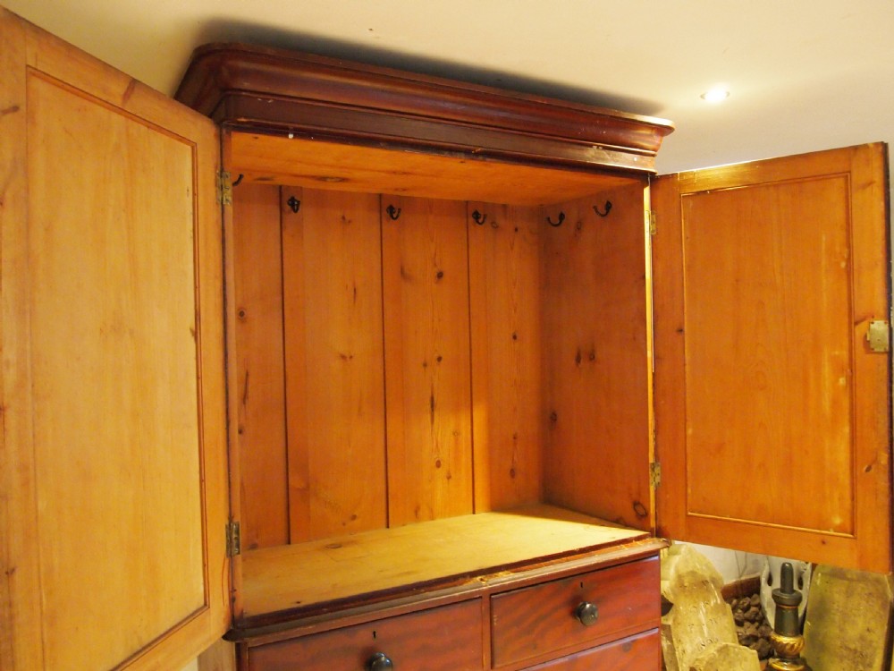 Rare Linen press cupboard on chest in original scumble paint c1840 View V
