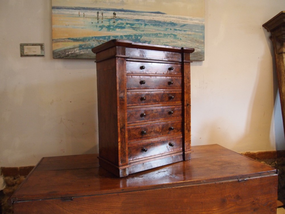 Rare miniature Walnut Wellington chest of collectors drawers c1870 View IX