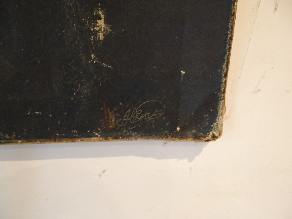 An unframed oil painting on canvas depicting a portrait of Sir Winston Churchill in profile against a dark brown background. View II