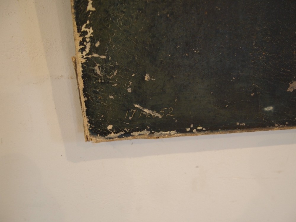 An unframed oil painting on canvas depicting a portrait of Sir Winston Churchill in profile against a dark brown background. View V