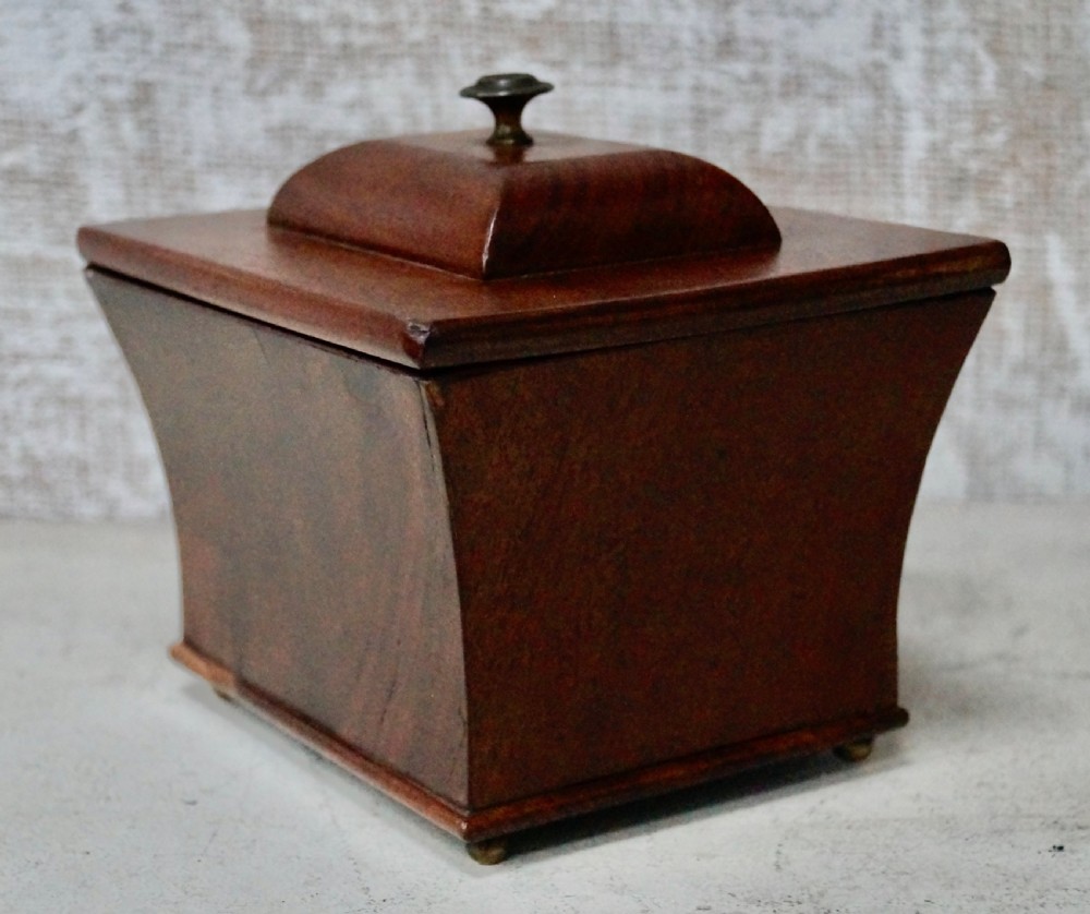 A mahogany sarcophagus-shaped tea caddy featuring flared sides, a stepped hinged lid with a central brass finial, and small brass feet. View VI