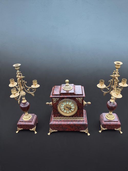 French Rouge Marble Garniture Set