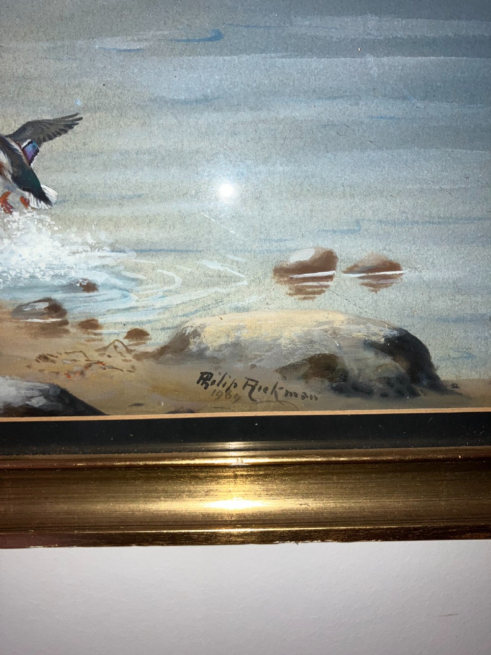 A framed watercolour painting depicting ducks taking flight from a wide river bank under a cloudy sky. View III