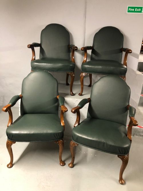 georgian style green leather open armchair x 4 - CATEGORY: ANTIQUE CHAIRS - DATED 19TH CENTURY