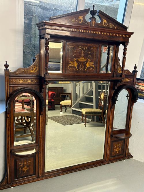 edwardian inlaid rosewood overmantel mirror - CATEGORY: ANTIQUE MIRRORS - DATED EDWARDIAN