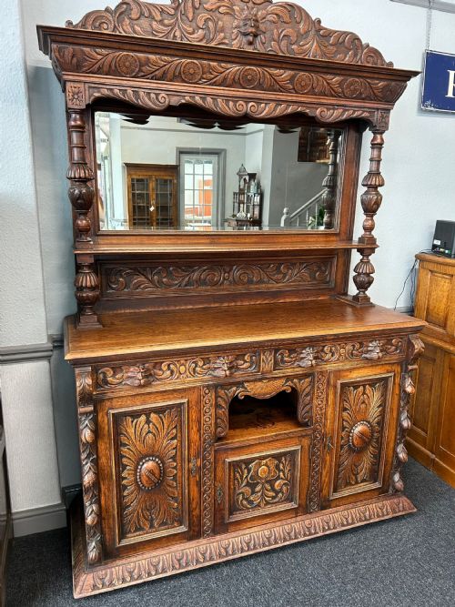 CARVED OAK MIRROR BACK SIDEBOARD - ADDITIONAL PHOTO 1